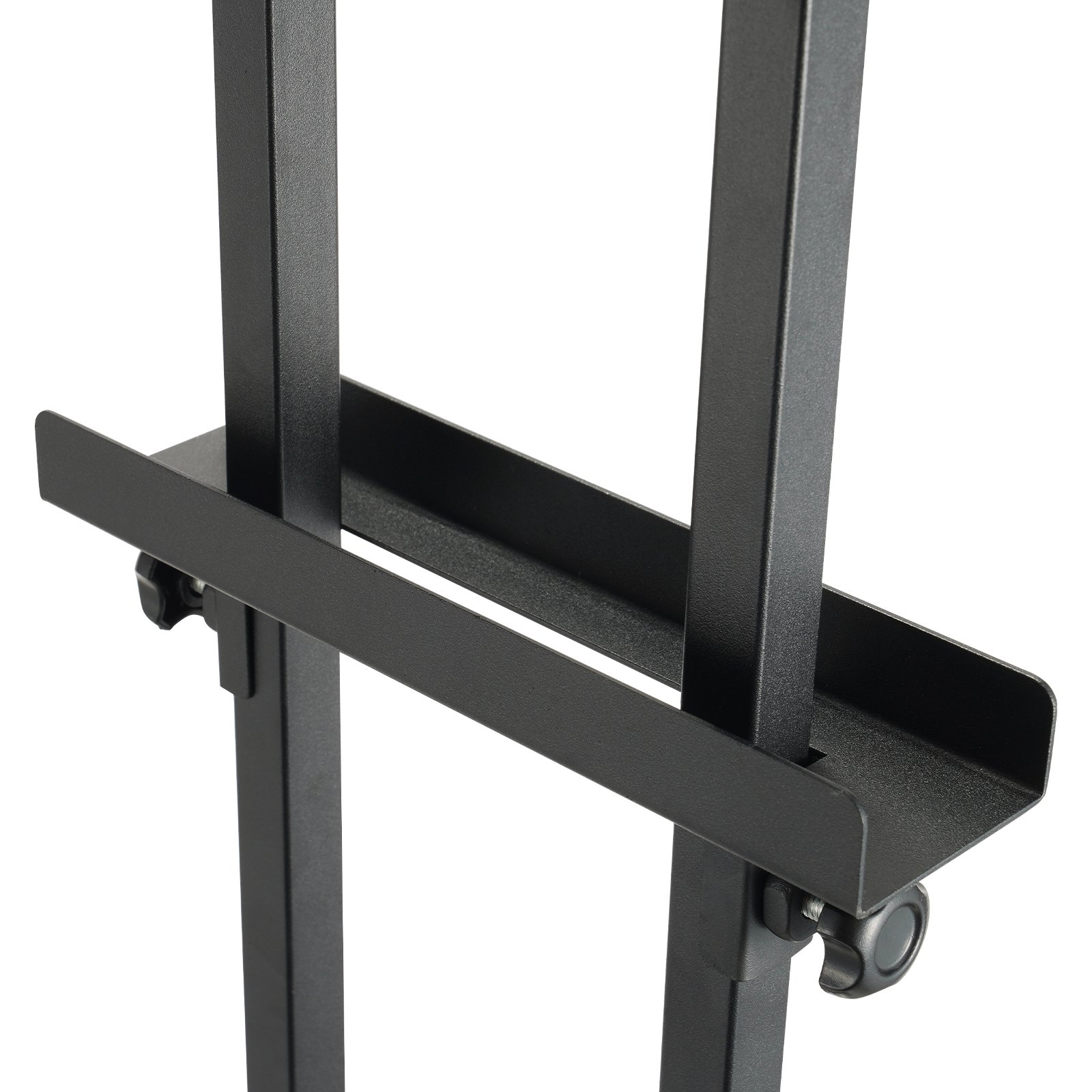 Primer plano de soporte para carteles VEVOR de metal negro con altura ajustable y fijación de abrazadera segura.