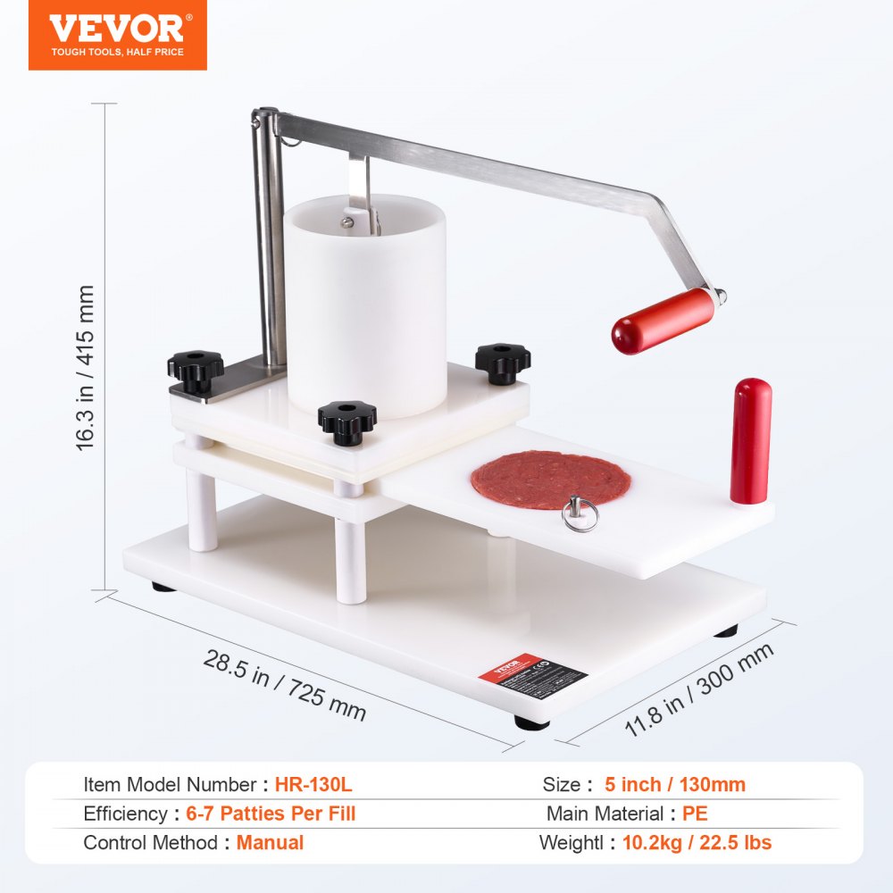 VEVOR Commercial Burger Press 130 mm / 5 pulgadas PE Material Manual con mesa Diseño fijo Hamburguesa Carne Pescado Carne Patty Procesador de formación Perfecto para restaurante Supermercado, Blanco