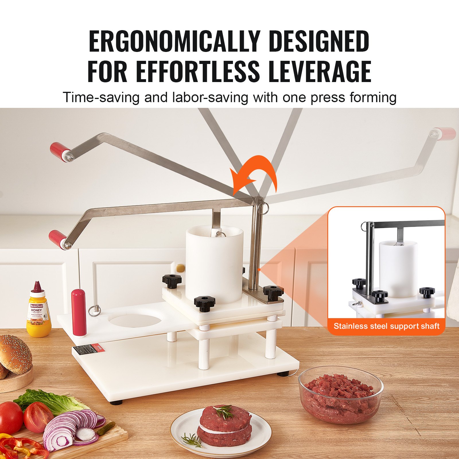 VEVOR Commercial Burger Press 130 mm / 5 pulgadas PE Material Manual con mesa Diseño fijo Hamburguesa Carne Pescado Carne Patty Procesador de formación Perfecto para restaurante Supermercado, Blanco