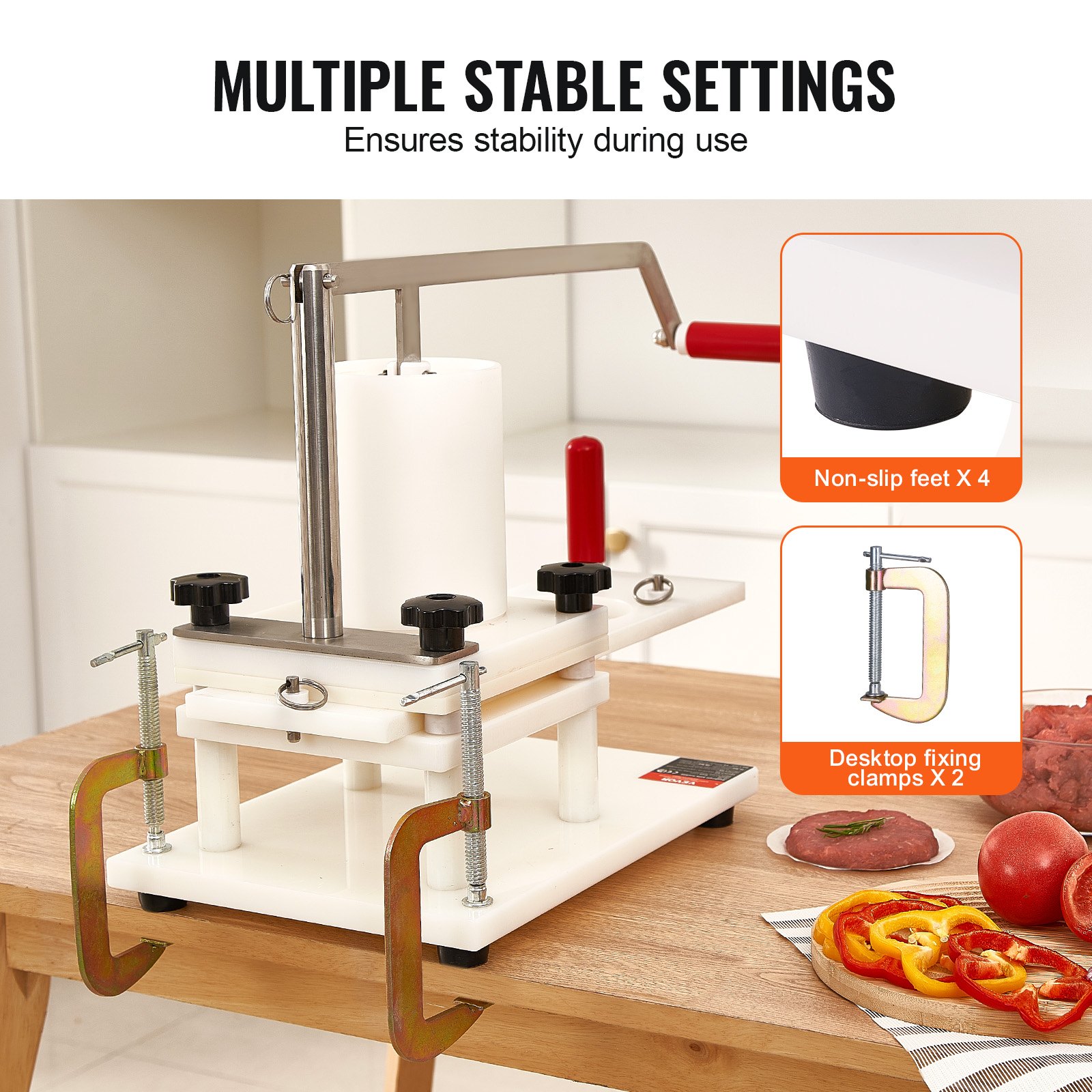 VEVOR Commercial Burger Press 130 mm / 5 pulgadas PE Material Manual con mesa Diseño fijo Hamburguesa Carne Pescado Carne Patty Procesador de formación Perfecto para restaurante Supermercado, Blanco
