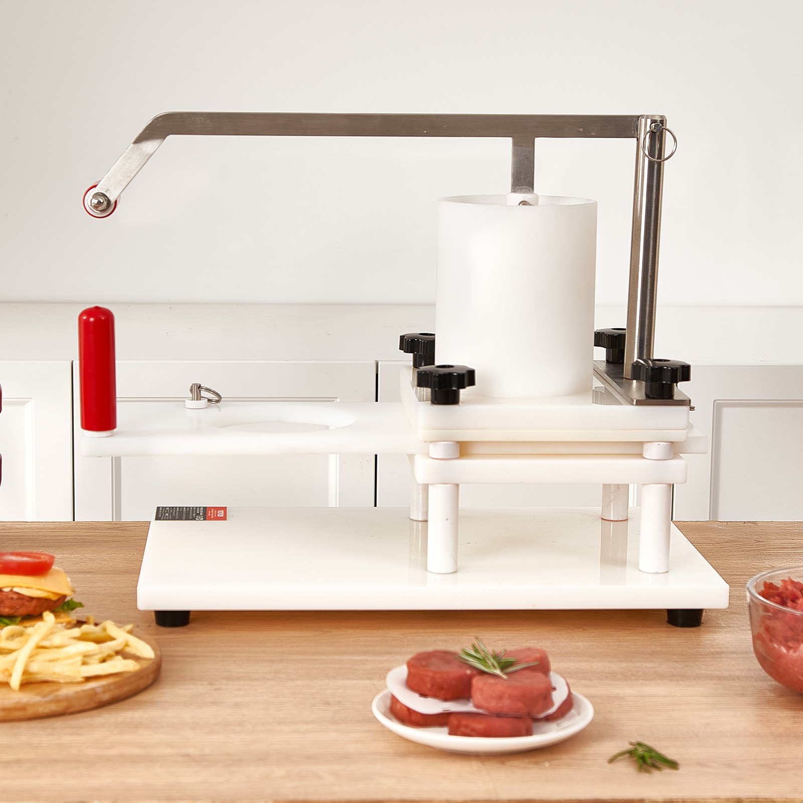 VEVOR - Máquina para hacer hamburguesas, 3 moldes convertibles (2/4/5 pulgadas), manual, prensa para hamburguesas con tolva de gran capacidad de 1,5 kg, procesador de carne de PE con asa y papel para hamburguesas.