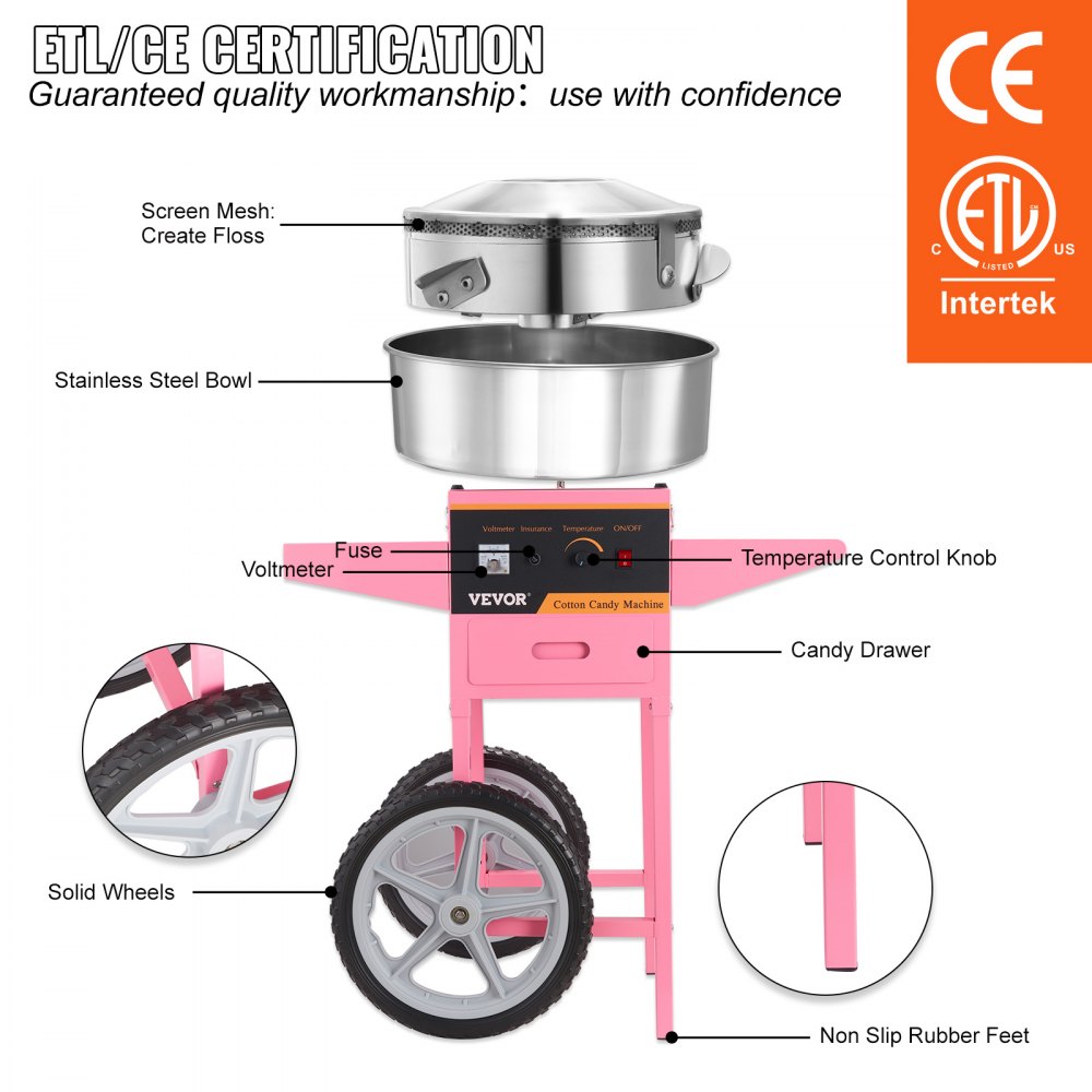 Máquina de algodón de azúcar VEVOR con recipiente de acero inoxidable, control de temperatura, voltímetro y ruedas sólidas.