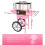 Máquina de algodón de azúcar VEVOR rosa con dimensiones, rango de temperatura con ruedas grises.