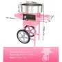 Máquina de algodón de azúcar VEVOR rosa con dimensiones, rango de temperatura con ruedas grises.