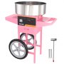 Máquina de algodón de azúcar VEVOR rosa con recipiente grande de metal, ruedas y accesorios para fácil transporte.