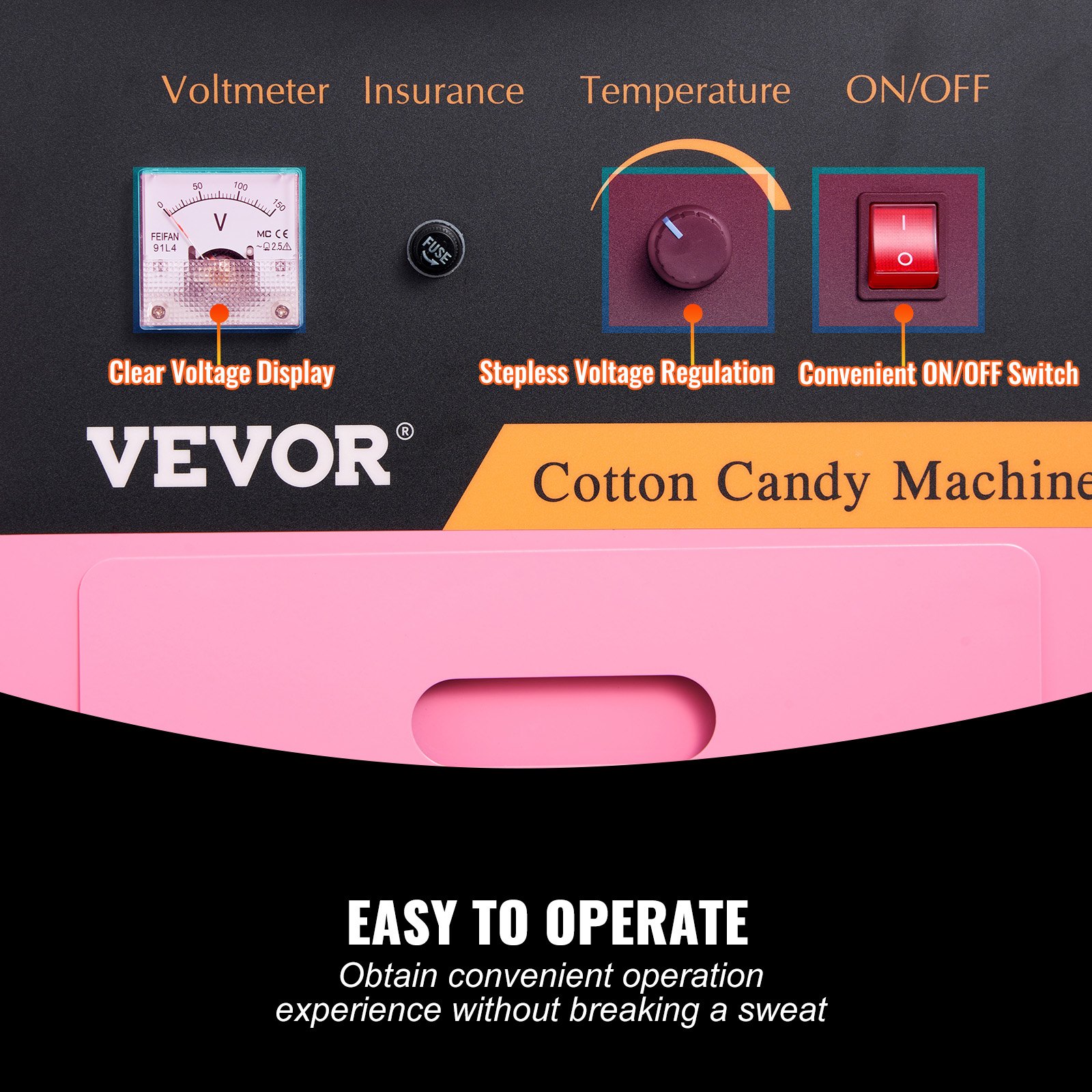 Panel de control de la máquina de algodón de azúcar VEVOR con pantalla de voltaje clara, regulación de voltaje continua e interruptor de encendido/apagado.