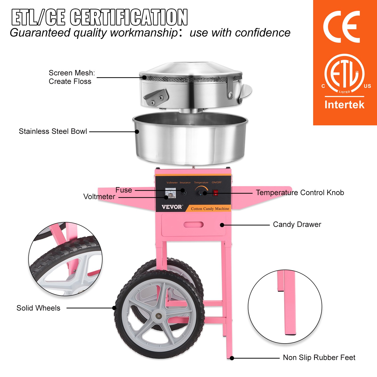 Máquina de algodón de azúcar VEVOR con recipiente de acero inoxidable, control de temperatura, voltímetro y ruedas sólidas.