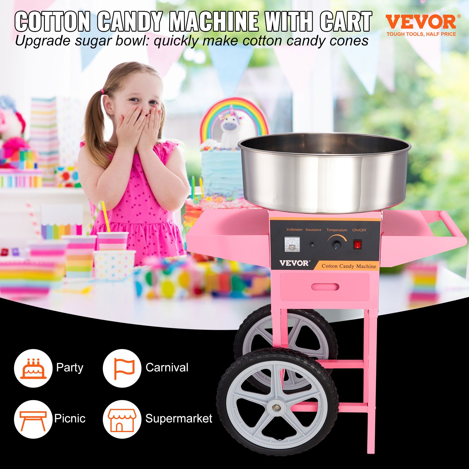 Máquina de algodón de azúcar VEVOR en color rosa con carrito, ideal para fiestas, picnics, carnavales y supermercados.