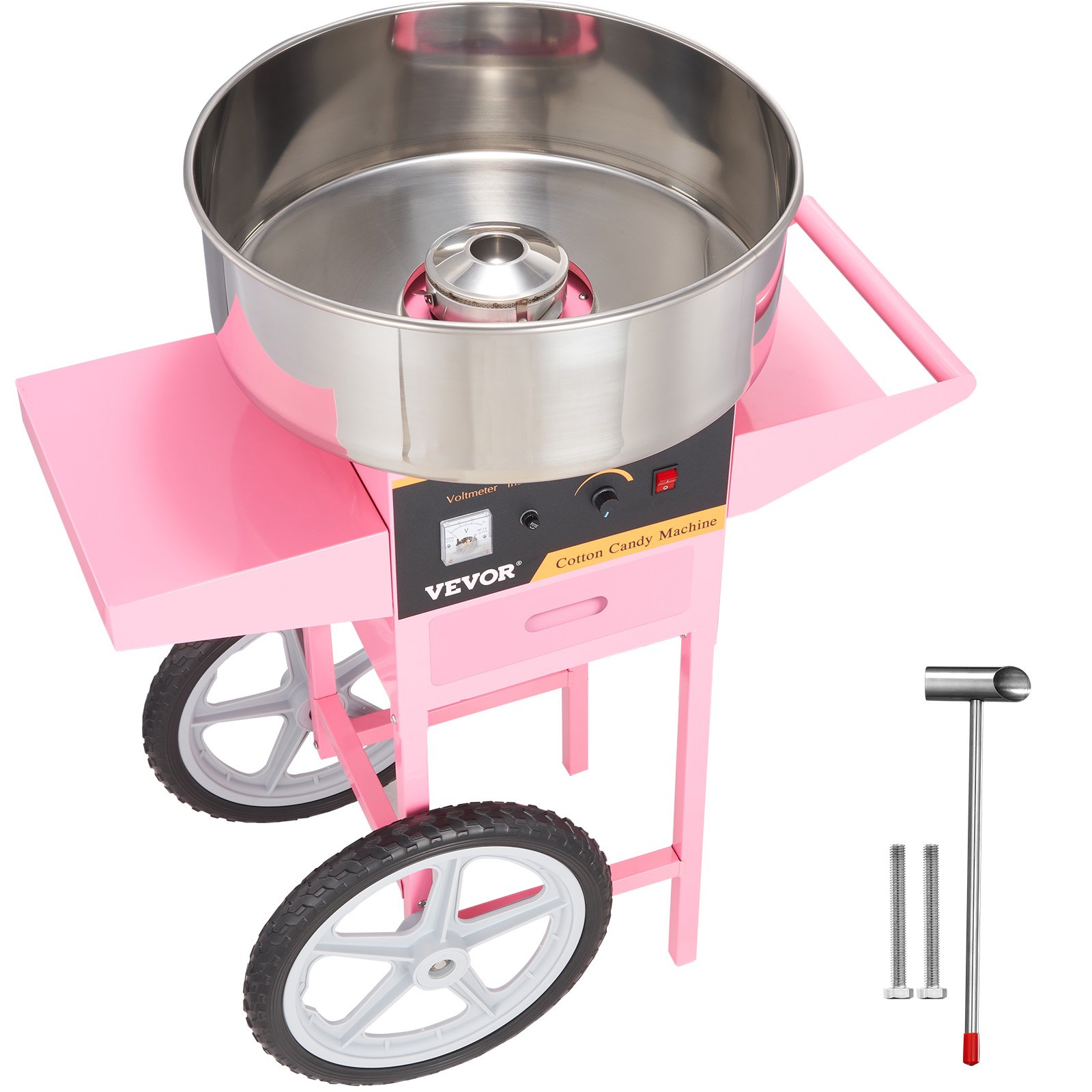 Máquina de algodón de azúcar VEVOR sobre soporte rosa con ruedas, incluye herramientas metálicas para su montaje.