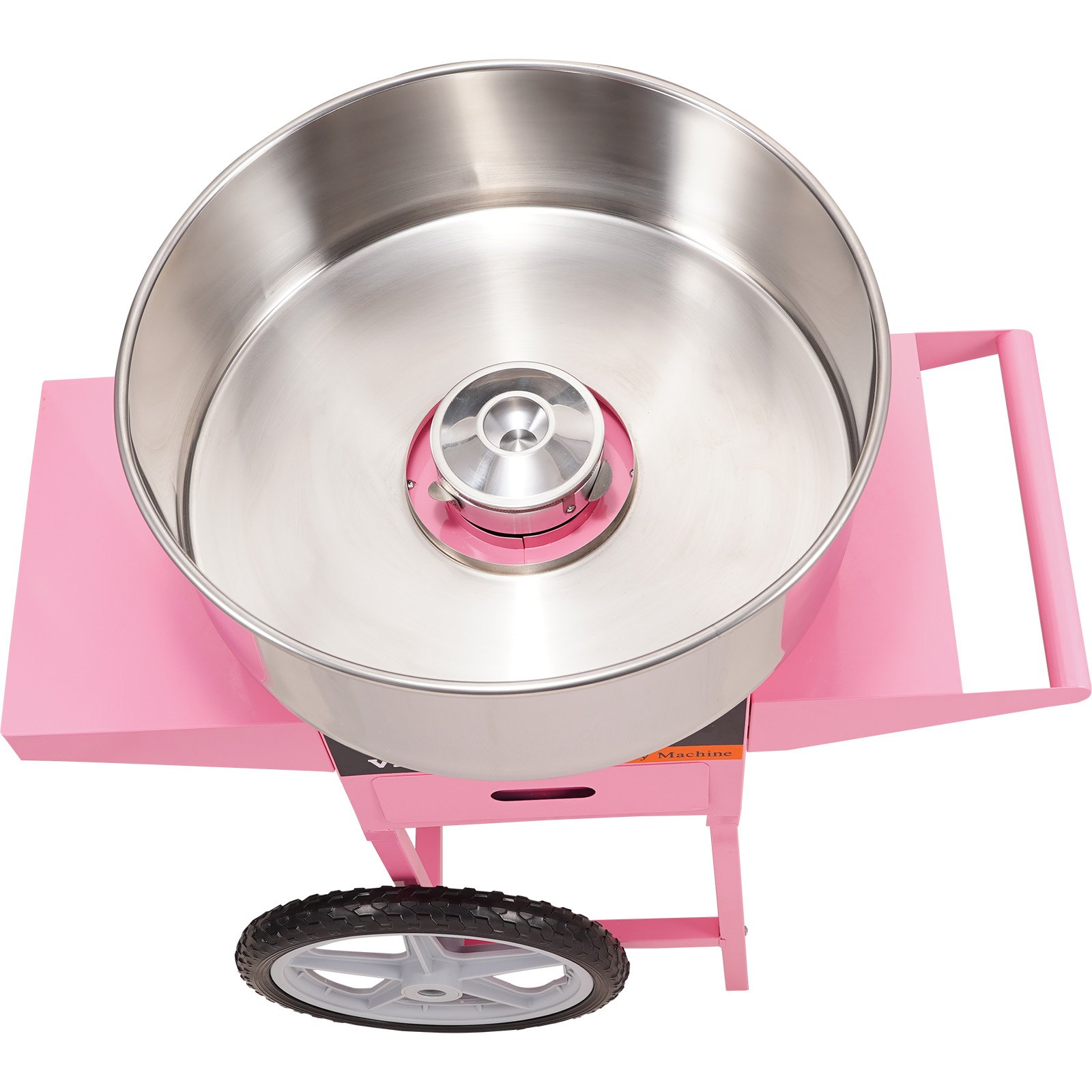 Máquina de algodón de azúcar VEVOR con recipiente grande de acero inoxidable y soporte rosa sobre ruedas.