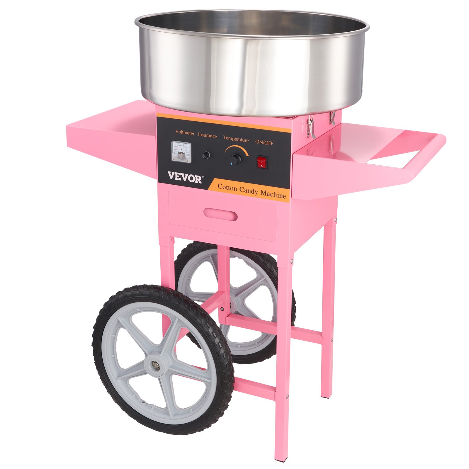 Máquina de algodón de azúcar VEVOR de color rosa con ruedas grandes y recipiente de acero inoxidable.