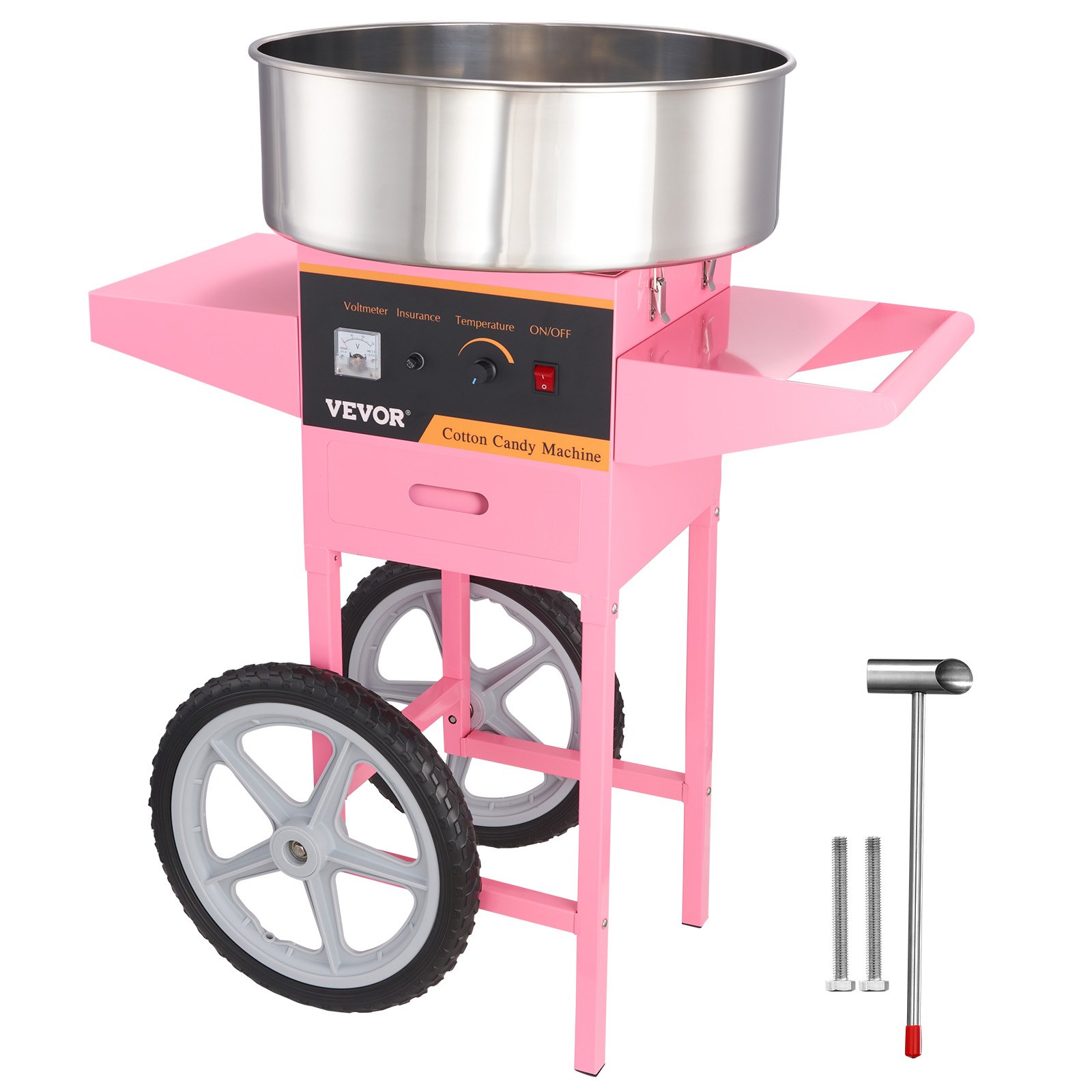 Máquina de algodón de azúcar VEVOR rosa con recipiente grande de metal, ruedas y accesorios para fácil transporte.