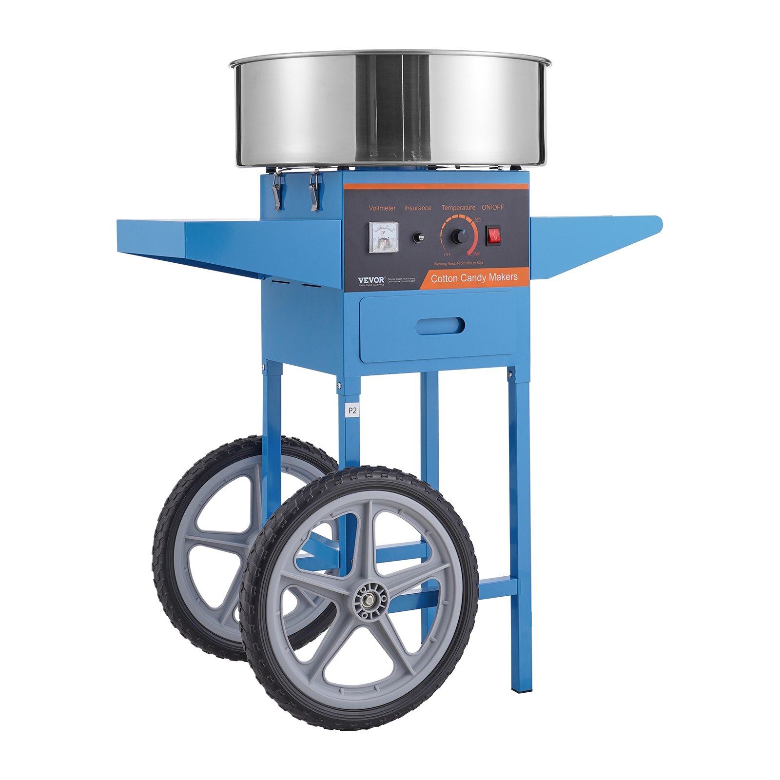 Máquina eléctrica para hacer algodón de azúcar VEVOR con carrito, 1000 W, con recipiente de acero inoxidable, cuchara y cajón para azúcar, ideal para el hogar, cumpleaños infantiles y fiestas familiares, color azul.