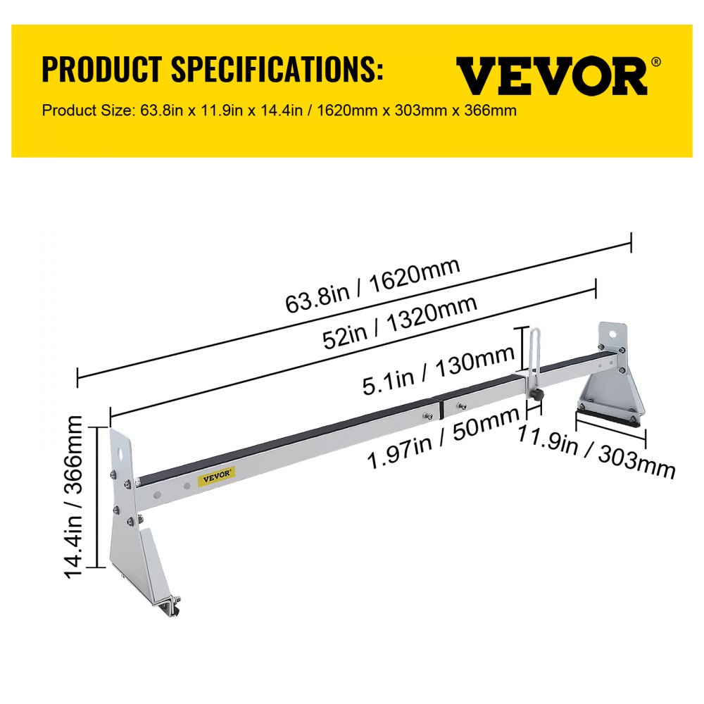 Dimensiones del portaequipajes de techo para furgoneta VEVOR: 63,8 pulgadas x 11,9 pulgadas x 14,4 pulgadas (1620 mm x 303 mm x 366 mm).