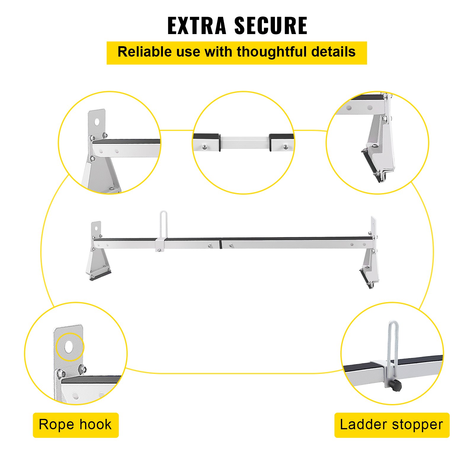 Portaescaleras para techo de furgoneta VEVOR con gancho de cuerda resaltado y tope de escalera para mayor seguridad.