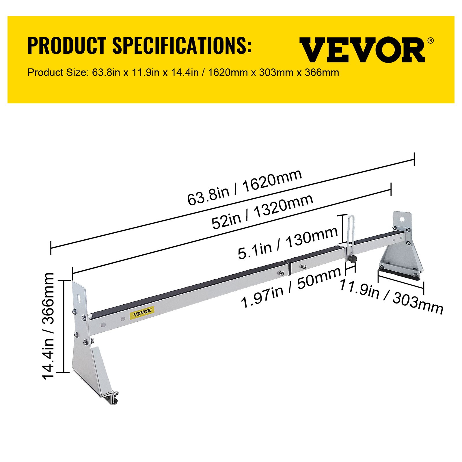 Dimensiones del portaequipajes de techo para furgoneta VEVOR: 63,8 pulgadas x 11,9 pulgadas x 14,4 pulgadas (1620 mm x 303 mm x 366 mm).