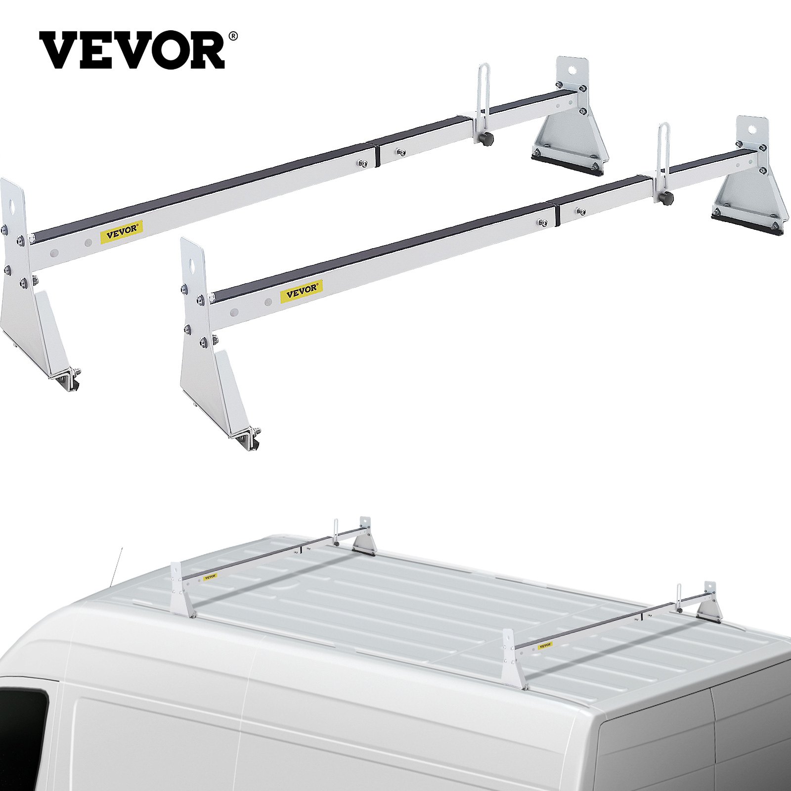 Portaescaleras para techo de furgoneta VEVOR instalado en una furgoneta blanca, con un diseño resistente y ajustable.
