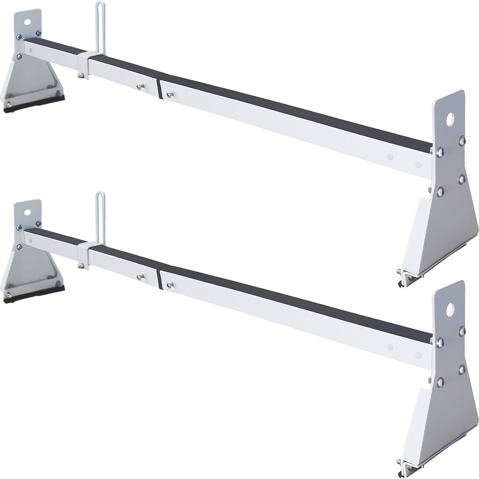 Portaescaleras para techo de furgoneta VEVOR, resistente, color blanco, barras transversales ajustables, soportes laterales, pernos asegurados.