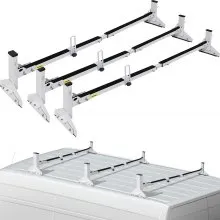 Portaescaleras VEVOR para techo de furgoneta, 3 barras, capacidad de 661 libras, portaequipajes de acero de barra central ajustable de 46,9 a 59,1 pulgadas, portaequipajes para canalones de lluvia que se adaptan a la mayoría de los rieles de furgoneta, diseño universal, color blanco