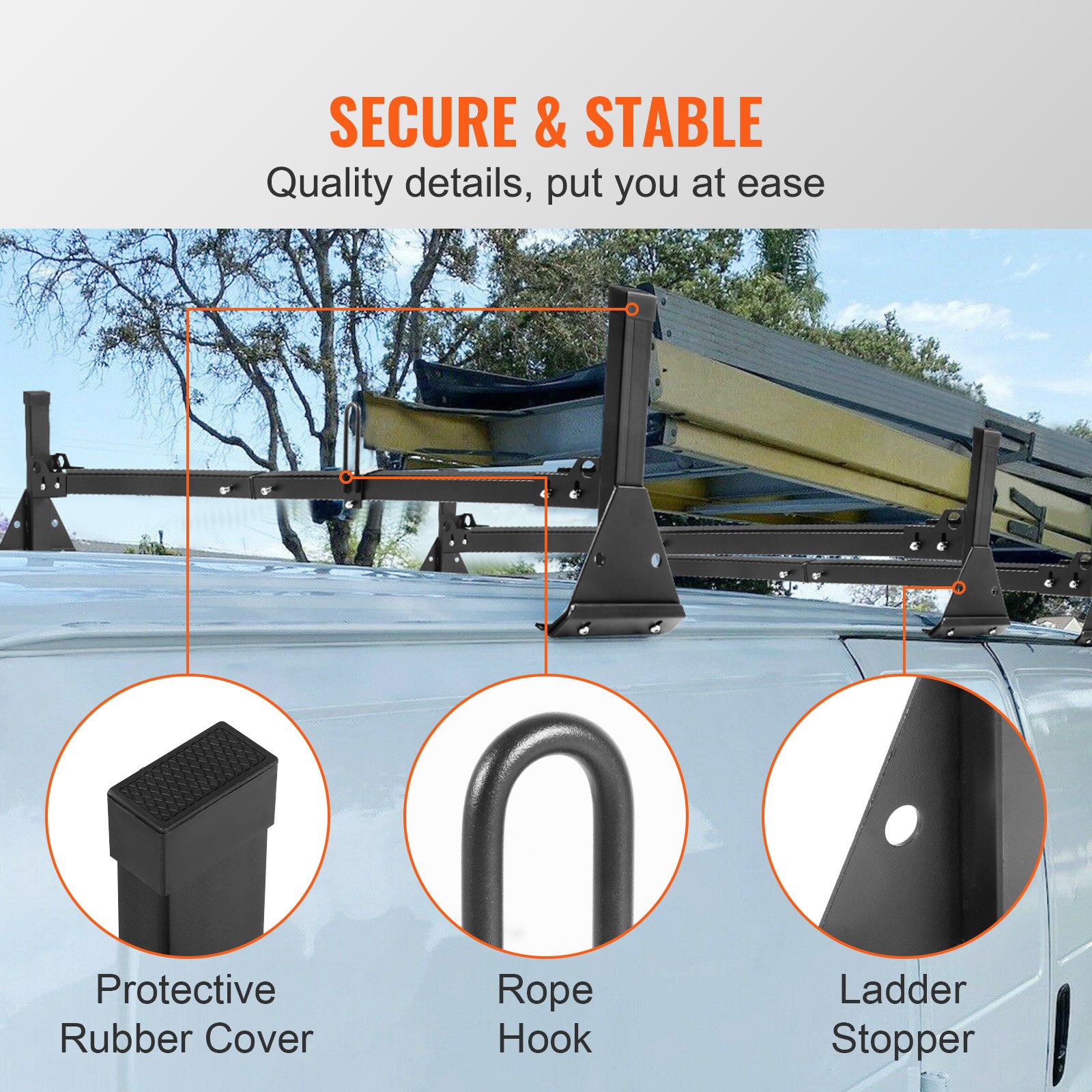 VEVOR Portaequipajes para escalera de furgoneta, 3 barras, capacidad de 661 libras, portaequipajes ajustable con revestimiento mate con topes de escalera, compatible con Chevy Express Fullsize Van 1996-Up, negro
