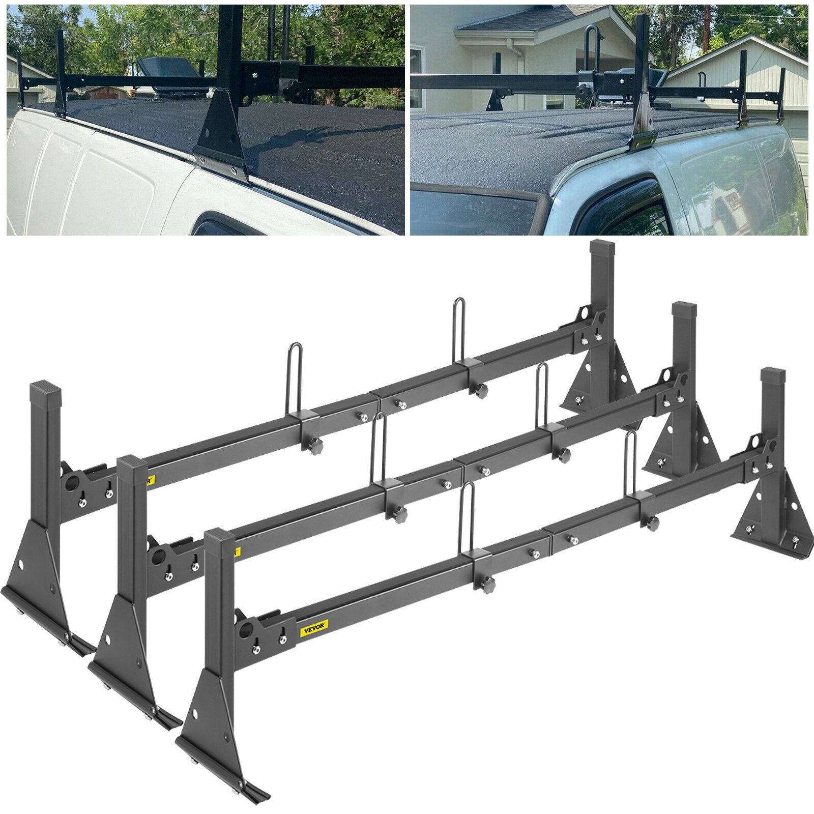 VEVOR Portaequipajes para escalera de furgoneta, 3 barras, capacidad de 661 libras, portaequipajes ajustable con revestimiento mate con topes de escalera, compatible con Chevy Express Fullsize Van 1996-Up, negro