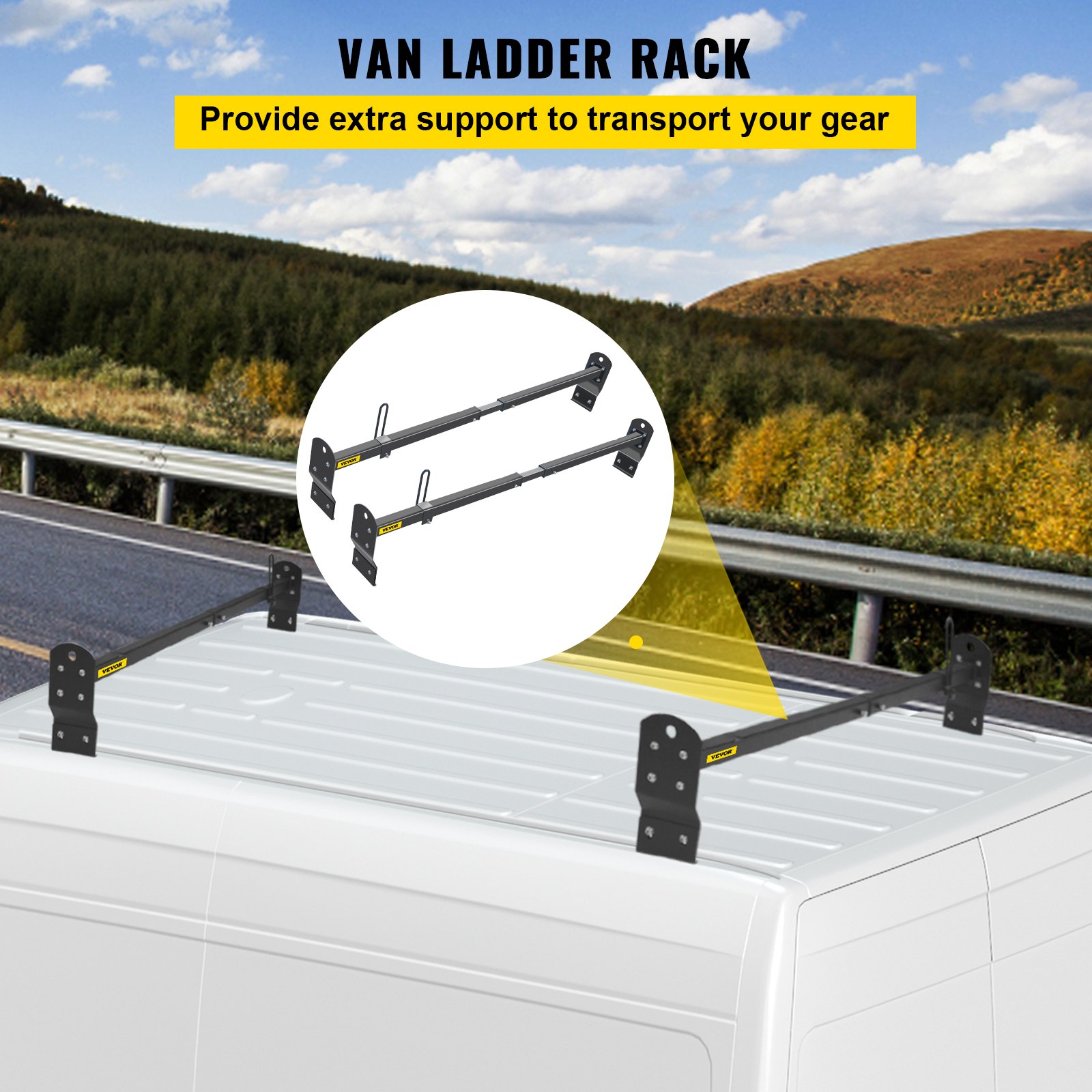 Portaescaleras de techo VEVOR Van, 2 barras, capacidad de 661 libras, barra transversal de techo de acero ajustable de 55 a 63 pulgadas con tope, compatible con Chevy Express 2003-2022 | GMC Savana 2003-2022, para kayak, canoa, carga de tubería de madera