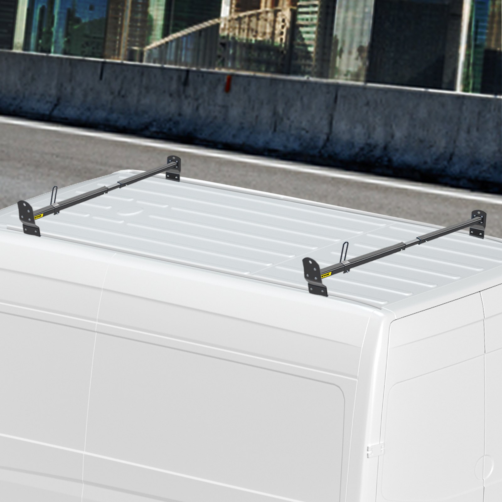 Portaescaleras de techo VEVOR Van, 2 barras, capacidad de 661 libras, barra transversal de techo de acero ajustable de 55 a 63 pulgadas con tope, compatible con Chevy Express 2003-2022 | GMC Savana 2003-2022, para kayak, canoa, carga de tubería de madera