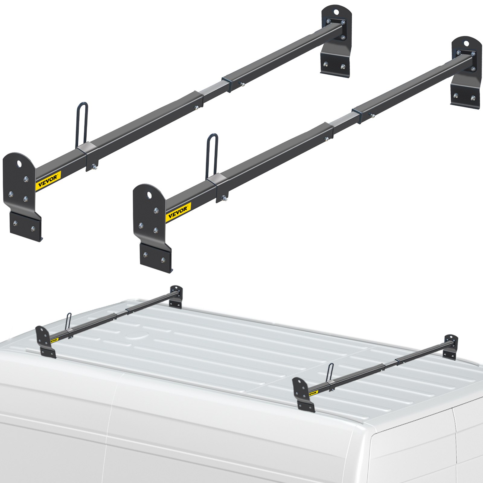 Portaescaleras de techo VEVOR Van, 2 barras, capacidad de 661 libras, barra transversal de techo de acero ajustable de 55 a 63 pulgadas con tope, compatible con Chevy Express 2003-2022 | GMC Savana 2003-2022, para kayak, canoa, carga de tubería de madera