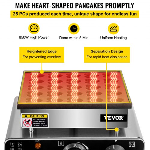 VEVOR Gofrera Eléctrica 25 Piezas Plancha para Waffle 850 W Forma de Corazón
