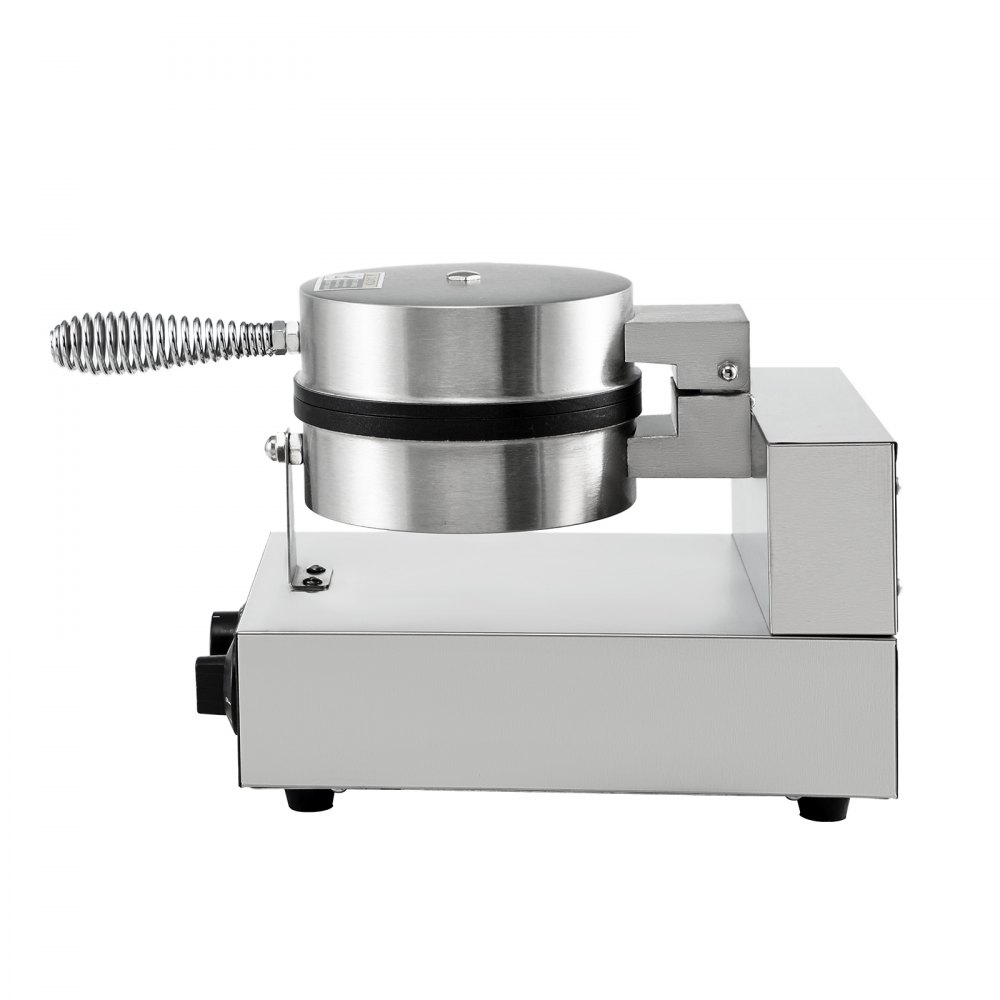 Máquina para hacer waffles comercial VEVOR, construcción en acero inoxidable, vista lateral.