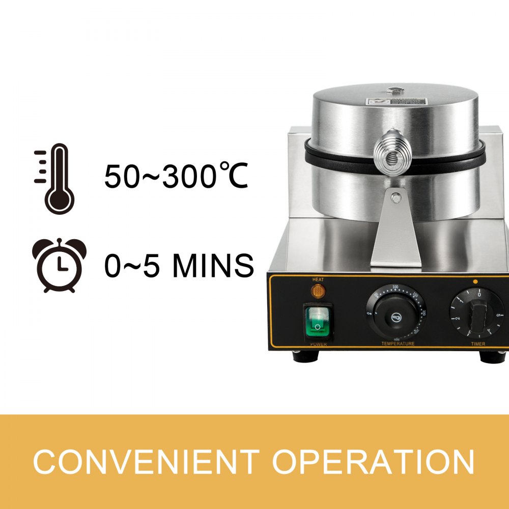 Máquina para hacer waffles comercial VEVOR con rango de temperatura de 50 a 300 ℃ y temporizador de 0 a 5 minutos.