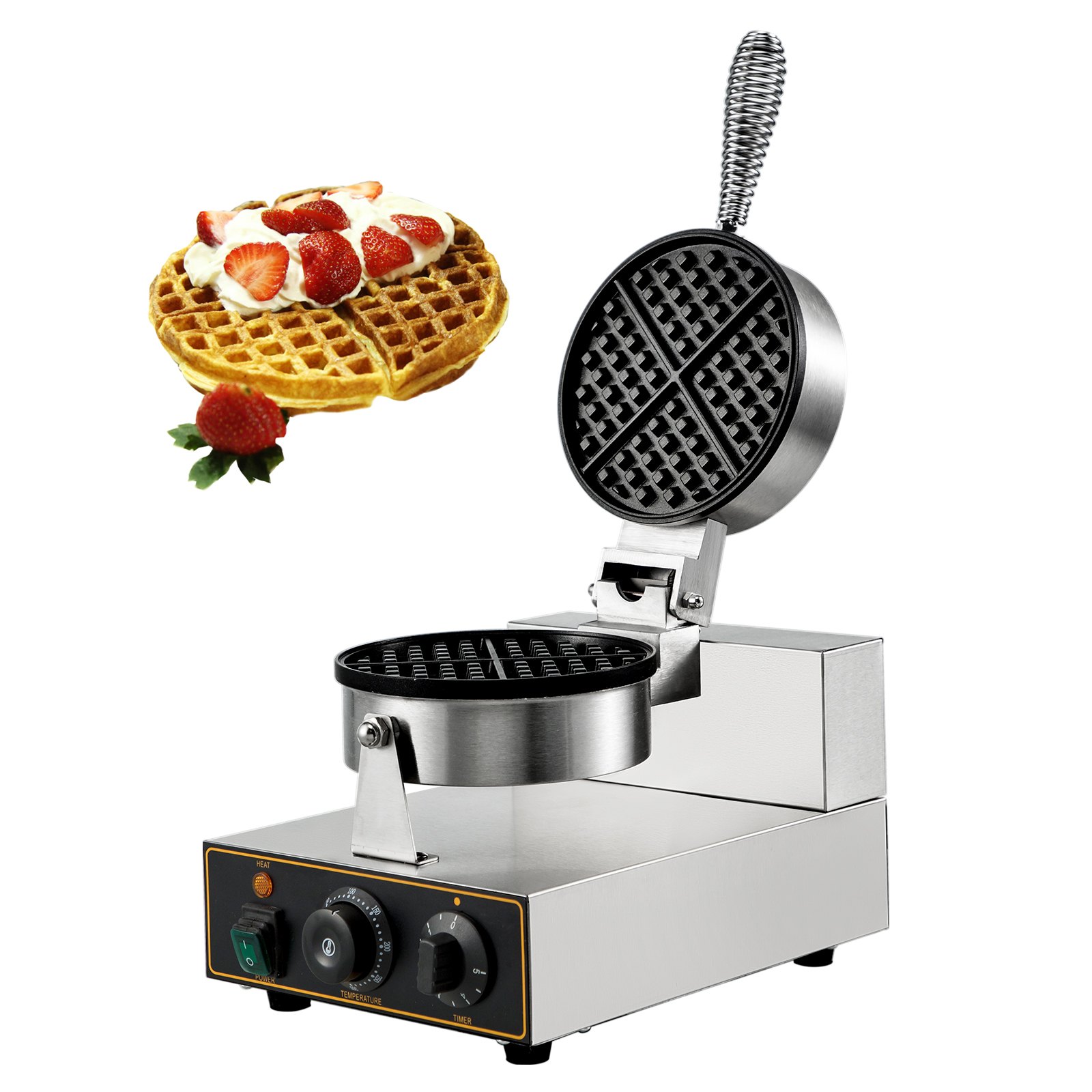 Máquina para hacer waffles comercial VEVOR con waffles cubiertos con fresas frescas.