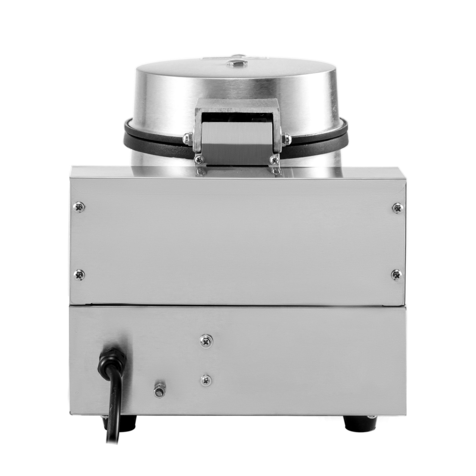 Vista posterior de la máquina para hacer waffles comercial VEVOR con acabado en acero inoxidable.