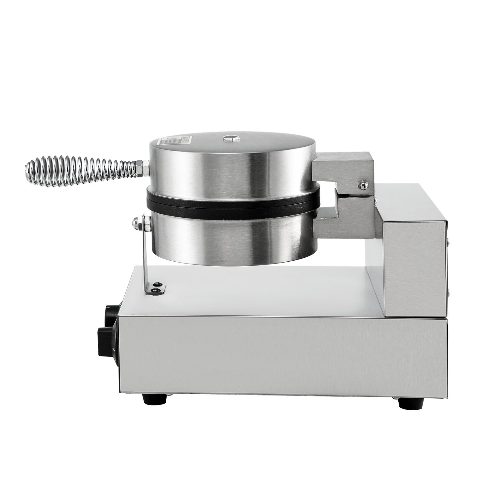 Máquina para hacer waffles comercial VEVOR, construcción en acero inoxidable, vista lateral.