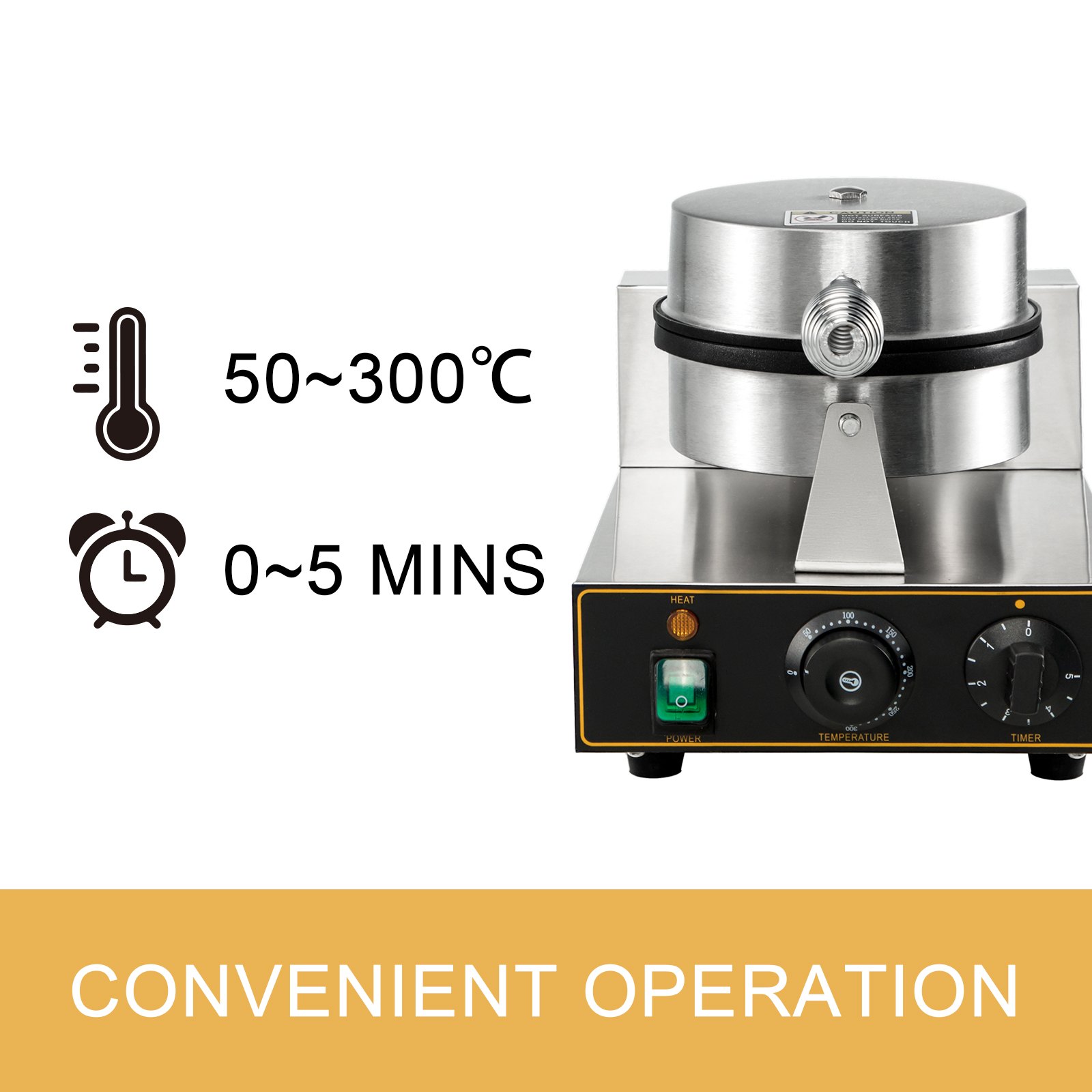 Máquina para hacer waffles comercial VEVOR con rango de temperatura de 50 a 300 ℃ y temporizador de 0 a 5 minutos.