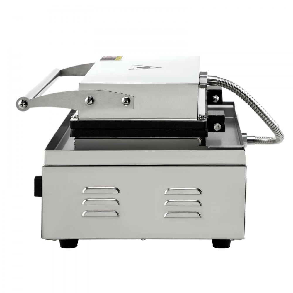 Máquina para hacer waffles comercial VEVOR de acero inoxidable con vista lateral del mango y rejillas de ventilación.