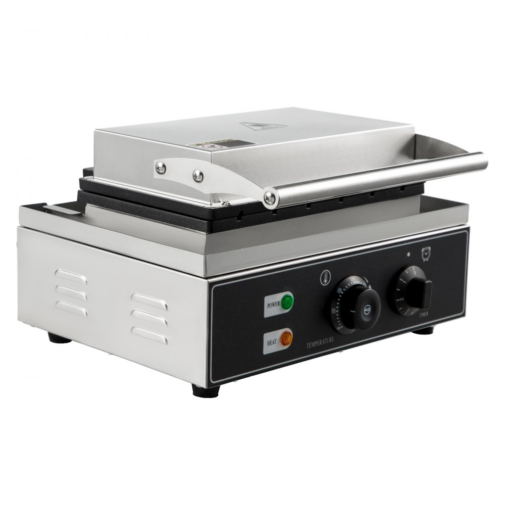 Máquina para hacer waffles comercial VEVOR de acero inoxidable con controles de temperatura y temporizador.