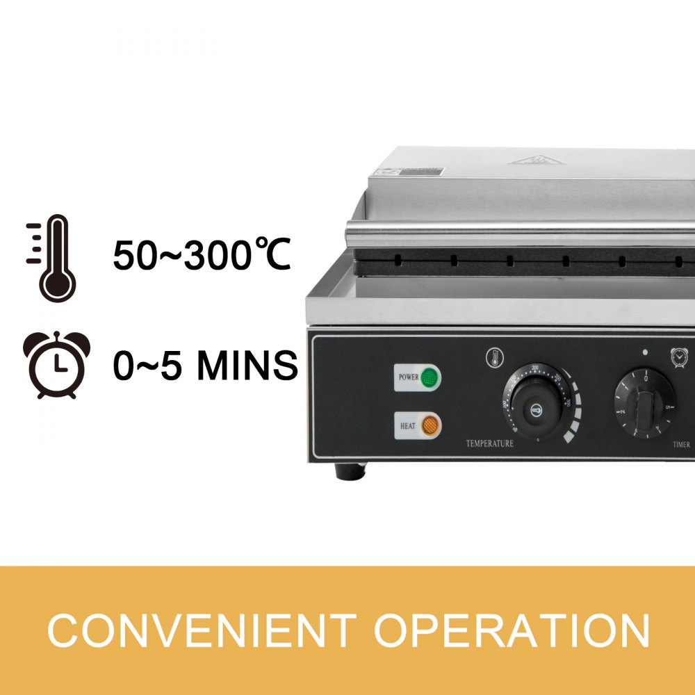 Máquina para hacer gofres comercial VEVOR, temperatura regulable 50-300°c, temporizador 0-5 min.