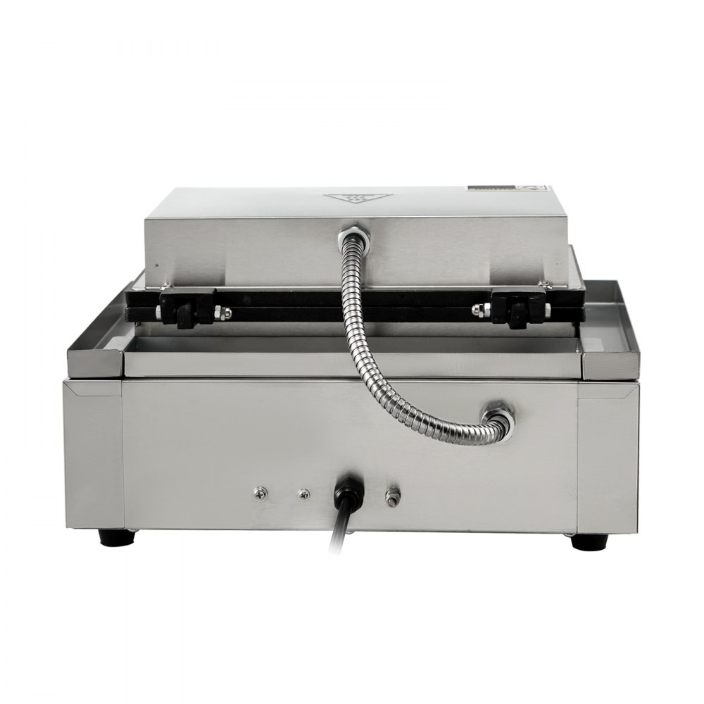 Máquina para hacer waffles comercial VEVOR en acabado acero inoxidable, vista posterior con cable de alimentación.