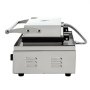 Máquina para hacer waffles comercial VEVOR de acero inoxidable con vista lateral del mango y rejillas de ventilación.