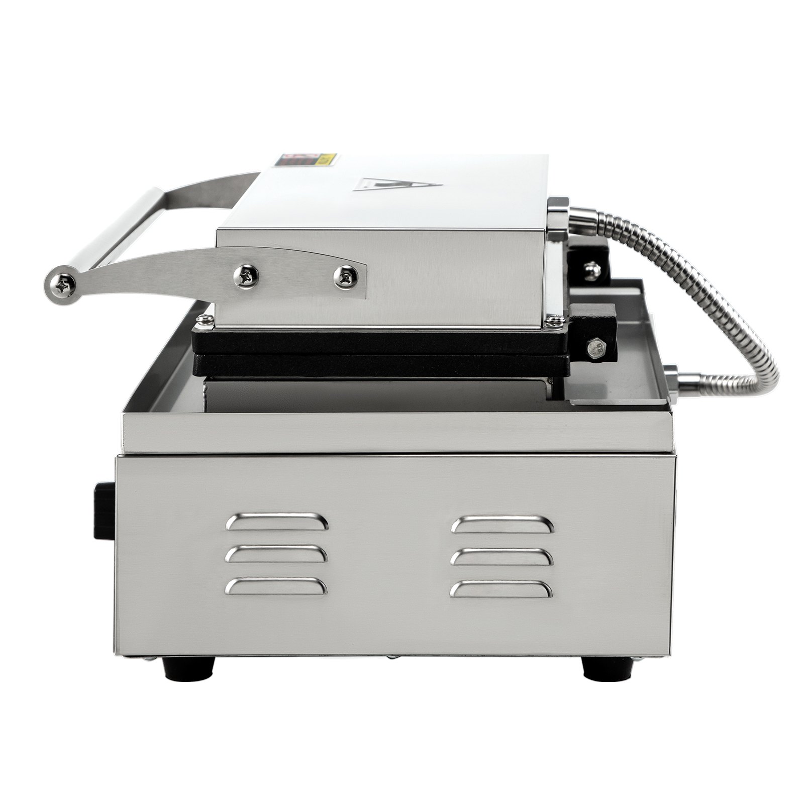 Máquina para hacer waffles comercial VEVOR de acero inoxidable con vista lateral del mango y rejillas de ventilación.