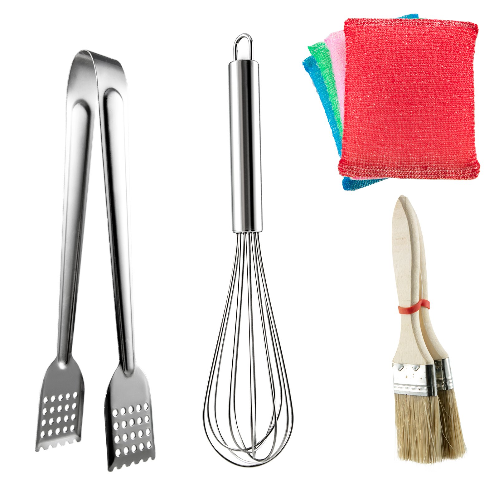 utensilios de cocina que incluyen batidor, pinzas, estropajos y cepillos.