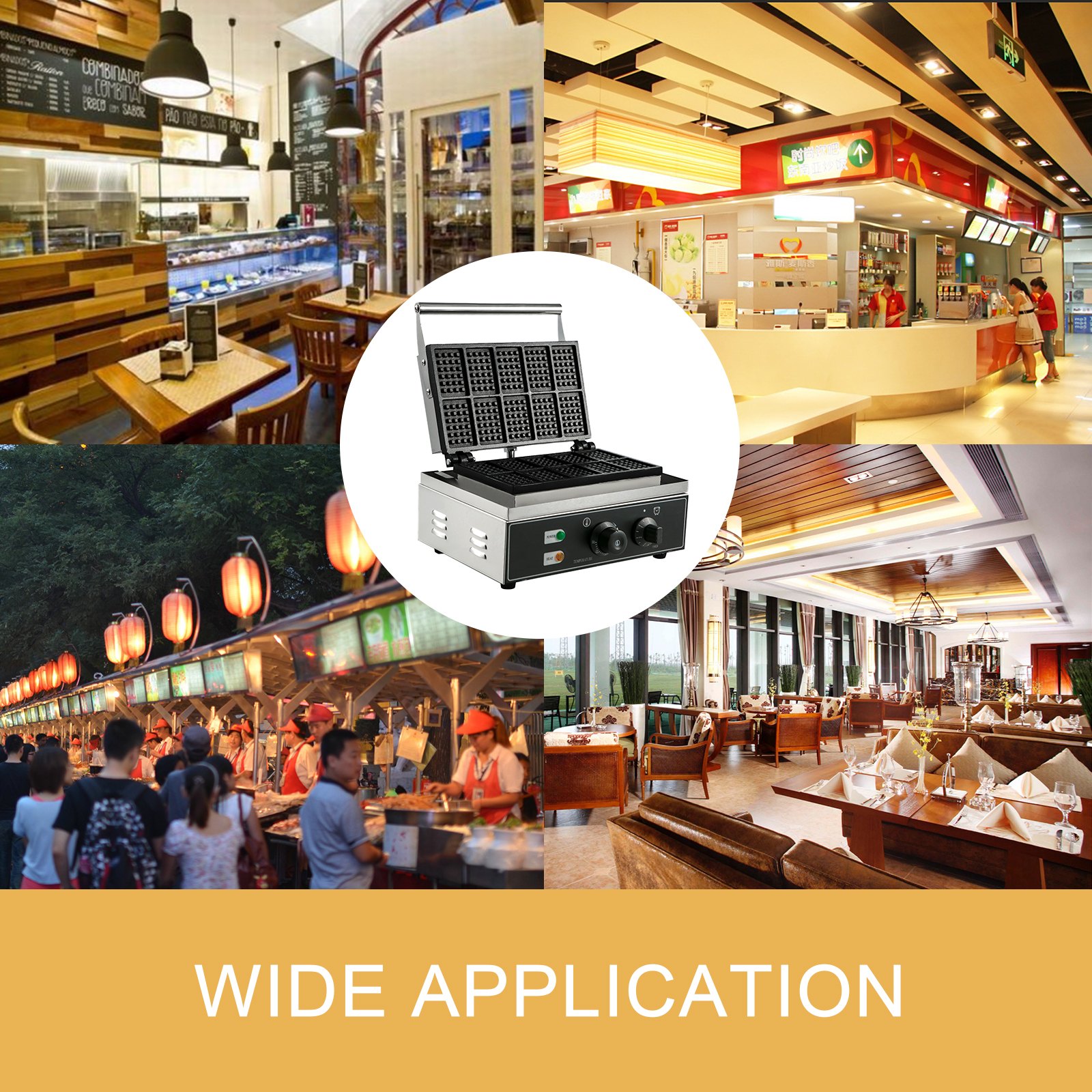 La máquina para hacer waffles comercial VEVOR se exhibe en diversos entornos de cafeterías y restaurantes. Amplia aplicación.