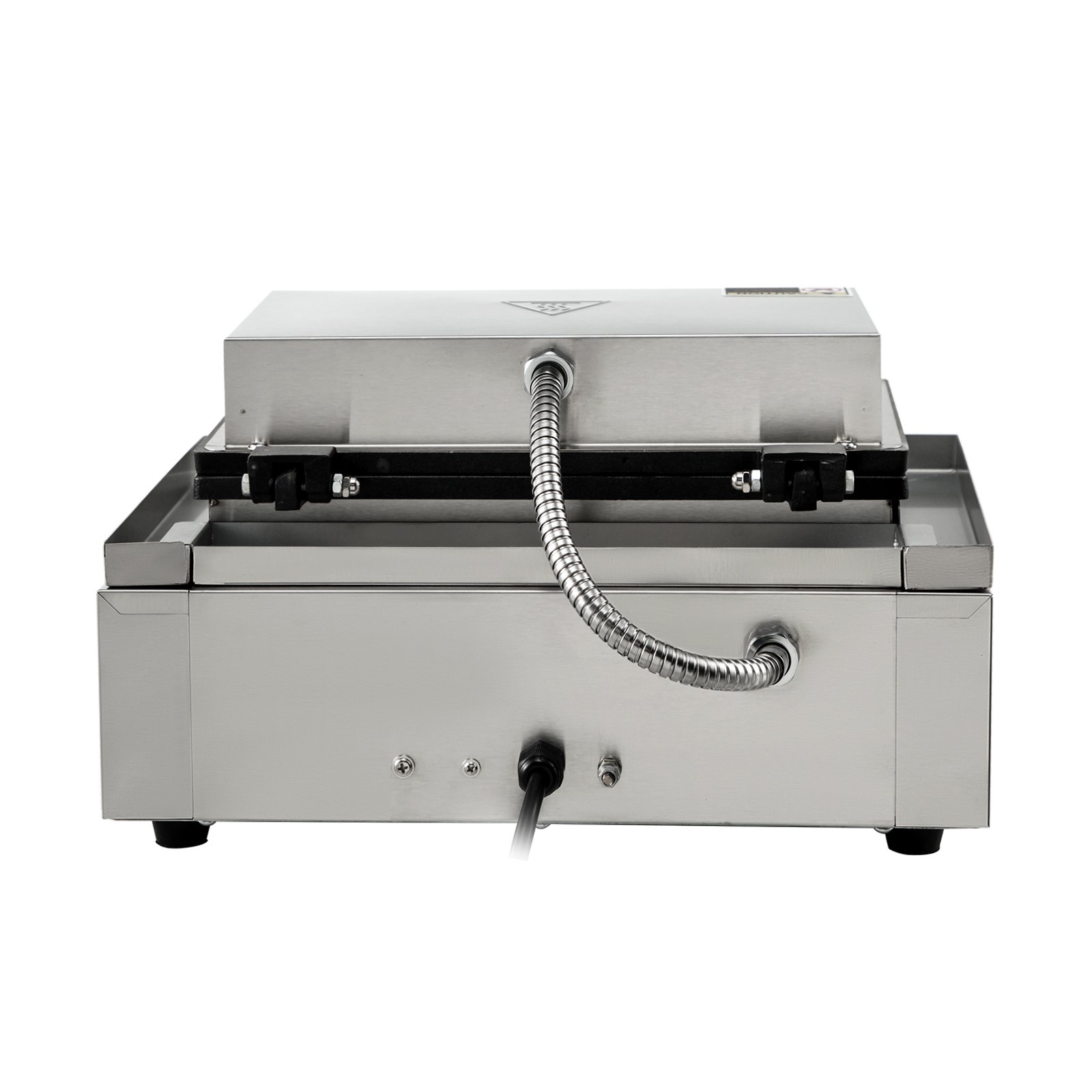 Máquina para hacer waffles comercial VEVOR en acabado acero inoxidable, vista posterior con cable de alimentación.