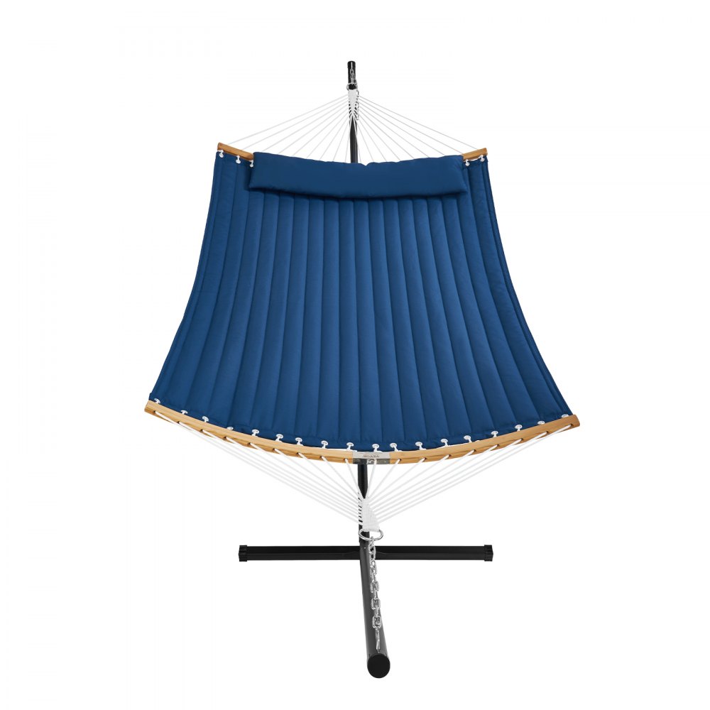Hamaca doble azul VEVOR con tela acolchada, soporte resistente y barras separadoras de madera.