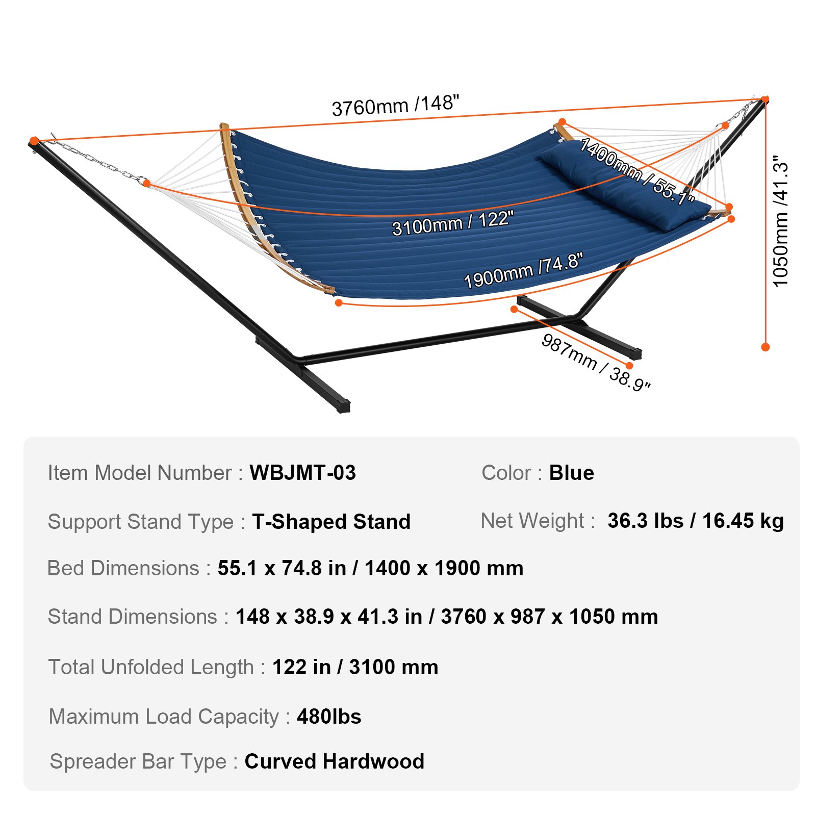 Hamaca doble VEVOR con soporte en forma de T, color azul, dimensiones y detalles mostrados para estructura y capacidad.