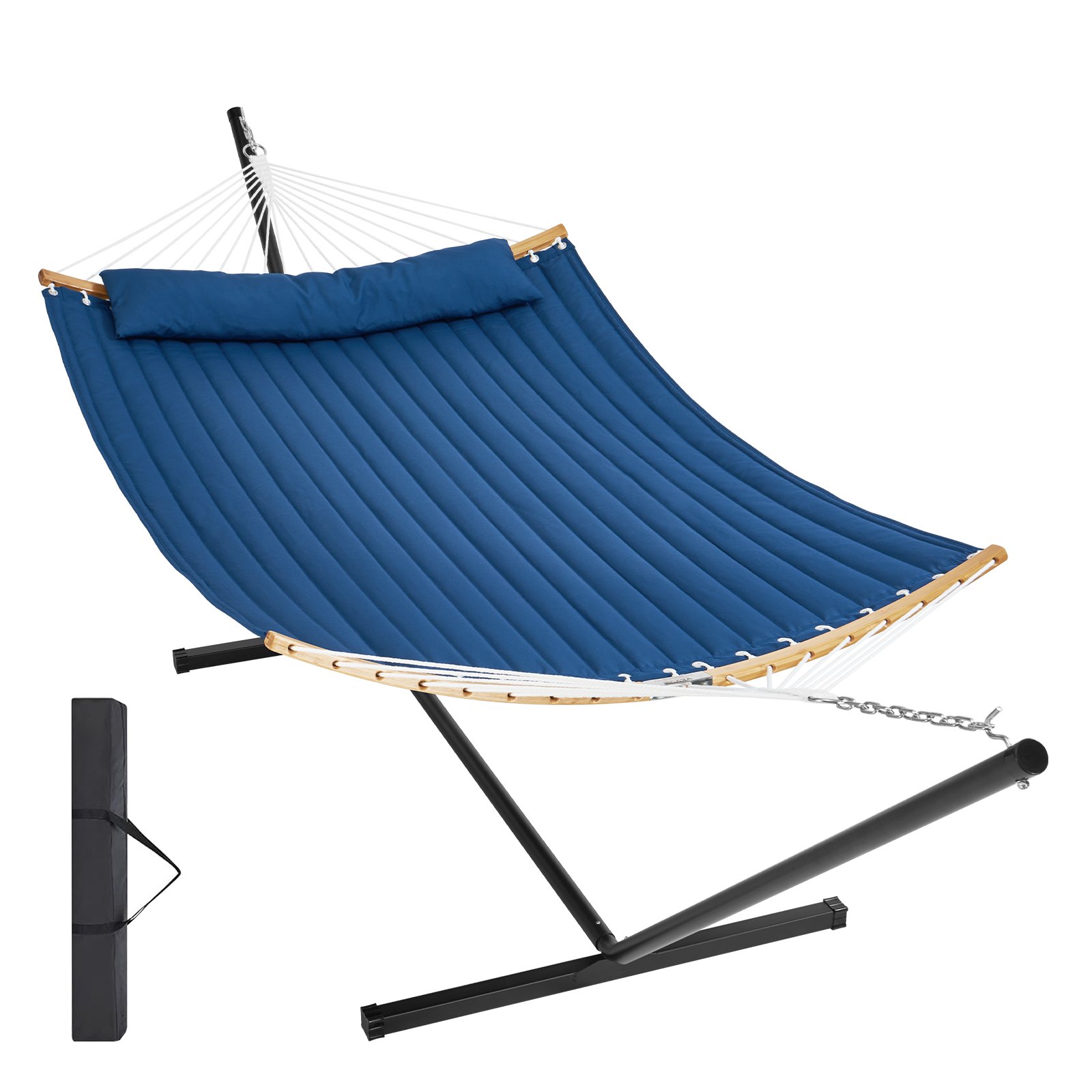 Hamaca doble azul VEVOR con soporte negro, almohada y dos bolsas de transporte.