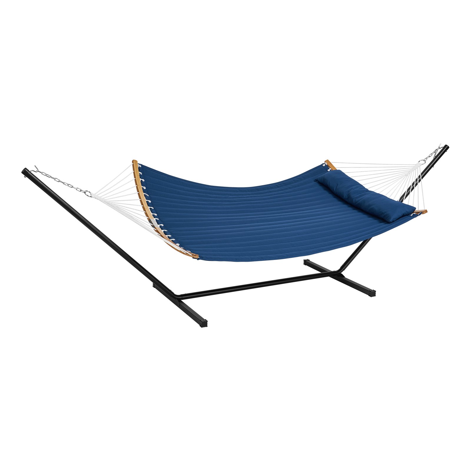 Hamaca doble azul VEVOR con soporte de acero negro y reposacabezas adjunto para relajarse al aire libre.