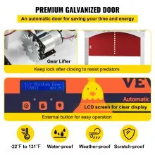 VEVOR Puerta automática para gallinero, apertura/cierre automático, elevador de engranajes, puerta galvanizada para aves de corral con temporizador de apertura retardada por la noche y por la mañana y sensor de luz, pantalla LCD alimentada por batería, para pato, rojo