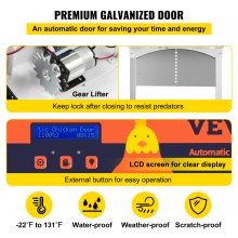VEVOR Puerta automática gris para gallinero, cierre automático, elevador de engranajes, puerta galvanizada para aves de corral con temporizador de apertura retardada por la noche y por la mañana y sensor de luz, pantalla LCD alimentada por batería, para pato